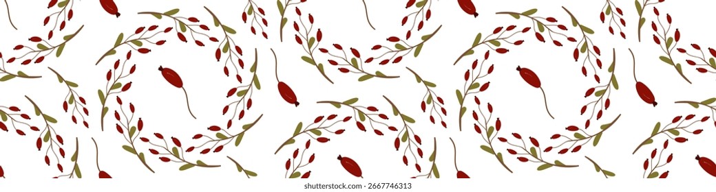 Elegant Vector Seamless Autumn Pattern with red berry branches and green leaves. Perfect for fabric, wallpaper, packaging, scrapbooking, and seasonal design projects with a cozy fall atmosphere. 