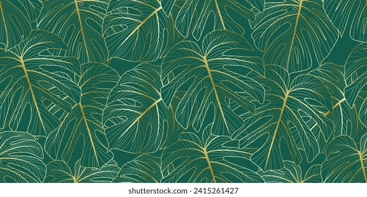 Elegant vector seamless background with abstract golden exotic monstera leaves for wrapping paper, textile, wedding, beauty designs