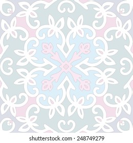 Elegant vector seamless ethnic pattern. A circular ornament with a cross in the center of the scrolls. Beautiful emerald sky blue color with bright pink accents and white ligature.