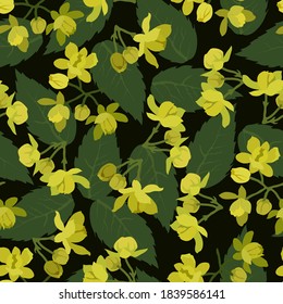 Elegant vector seamless floral pattern for fabric design, wallpaper, gift wrapping, black background, small yellow flowers, green leaves