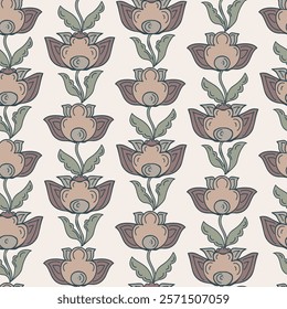 Elegant vector seamless flowers vector background pattern. With blossoms,petals,stems, leaves. Endless floral vertical repeat. Botanical backdrop with garden, wildflowers Indian Floral vintage style