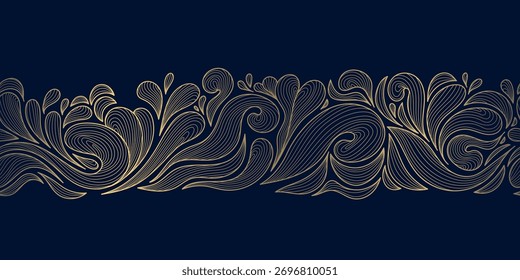 Elegant vector seamless leaf pattern, golden lines border, tropical botanical elements in a modern abstract style. Luxury packaging, coffee or tea branding, wallpaper, premium fabric designs