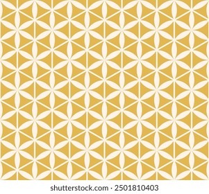 Elegant vector seamless pattern. Abstract floral geometric ornament. Yellow and beige color. Simple background with flower silhouettes, curved lines, hexagonal grid, lattice. Repeated geo design