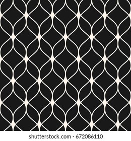 Elegant vector seamless pattern. Abstract graphic monochrome background with thin wavy lines, delicate lattice. Black & white subtle texture of mesh, lace, weaving. Design for prints, decor, textile
