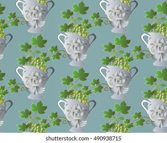 Elegant vector seamless pattern background wallpaper illustration with 3d ancient medieval white greek vase with vintage flowers, ornaments on the light  background, Flowers in vase. Flowers