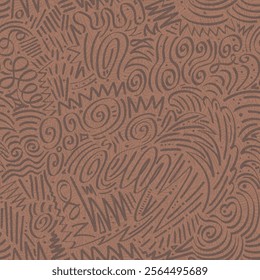 Elegant vector seamless pattern blends beige and brown swirls with flowing geometric shapes. The intricate curves and lines creating a sophisticated design reminiscent of textiles and wallcoverings.