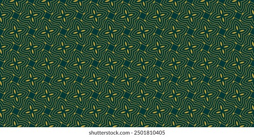 Elegant vector seamless pattern. Dark green and yellow geometric floral ornament. Simple background with outline flowers, leaves, petals, curved lines. Abstract geo texture. Retro style repeat design