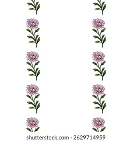 Elegant vector seamless pattern with delicate pink chrysanthemum flowers and green leaves, arranged vertically in a repeating design, perfect for textile, wallpaper, or packaging.