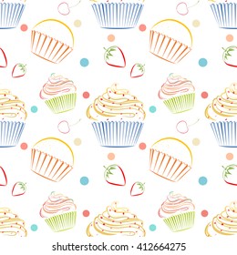 Elegant vector seamless pattern with different cupcakes. Unique doodle style line drawing food background with dessert as main theme. Kitchen themed wallpaper
