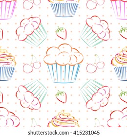 Elegant vector seamless pattern with different cupcakes, strawberries and cherries. Unique doodle style line drawing food background with dessert theme. Kitchen themed wallpaper