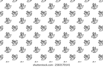 Elegant vector seamless pattern featuring gray and white doves on a white background. Ideal for prints, textiles, wallpapers, greeting cards, packaging and peace or wedding themed decorations.