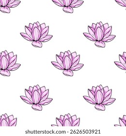 Elegant vector seamless pattern featuring delicate light pink lotus flowers on a pristine white background, ideal for feminine designs and spring-themed projects.