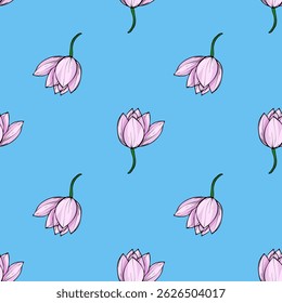 Elegant vector seamless pattern featuring a repeating motif of stylized light pink lotus flowers with dark green stems against a vibrant light blue background, ideal for textile prints, wallpapers