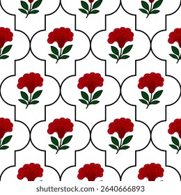 Elegant vector seamless pattern featuring stylized red flowers cresta de gallo and leaves within a quatrefoil frame, creating a sophisticated and modern design ideal for various applications.