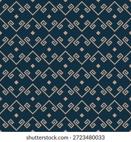 Elegant vector seamless pattern featuring traditional Greek key meander motifs and diamond accents in a sophisticated gold tone on a deep navy blue background. This classic geometric design is ideal for luxury branding, high-end textile prints, interior wallpaper, and professional corporate backgrounds.