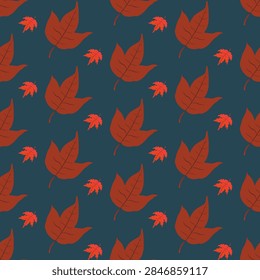 elegant vector seamless pattern featuring dark brown and bright orange autumn leaves on a deep teal background, perfect for seasonal textile design, wrapping paper, wallpaper, and moody fall decor.