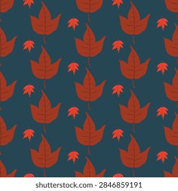 elegant vector seamless pattern featuring dark brown and bright orange autumn leaves on a deep teal background, perfect for seasonal textile design, wrapping paper, wallpaper, and moody fall decor.