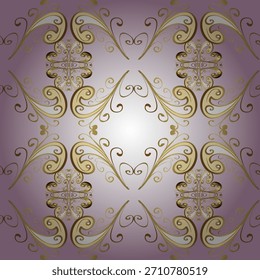 Elegant vector seamless pattern with golden ornamental swirls on a soft purple gradient background. Luxurious decorative design perfect for textiles, wallpapers, invitations, and vintage-style project