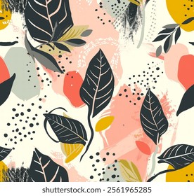 Elegant vector seamless pattern of greenery design with vibrant leaves and a colorful palette. For textile inspiration, decor, and creative prints. Fresh and artistic composition with modern touch