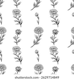 Elegant vector seamless pattern with hand-drawn outline chrysanthemum flowers and leaves, featuring detailed botanical illustrations in a repeating design ideal for textile, wallpaper, design...