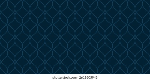 Elegant vector seamless pattern in Islamic style. Subtle mesh, grid, lattice, thin curved lines. Abstract minimal geometric ornament. Dark blue background texture. Stylish repeated decorative design