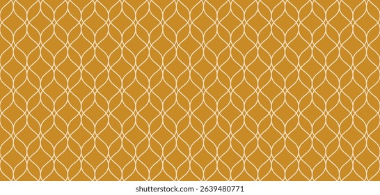 Elegant vector seamless pattern in Islamic style. Delicate mesh, grid, lattice, thin curved lines. Abstract geometric ornament. Mustard yellow color background texture. Vintage repeating geo design