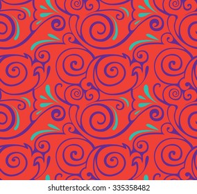 Elegant Vector seamless pattern on purple background with curly orange patterns with blue lines. beautiful pattern for Girls