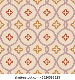 Elegant vector seamless pattern in oriental style. Abstract geometric floral ornament with curved shapes, simple flower silhouettes, grid, lattice. Stylish background in red, yellow, pink, beige color