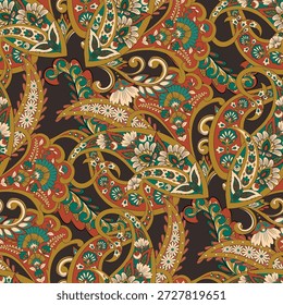 Elegant Vector Seamless Pattern with Ornamental Paisley and Flowers