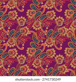 Elegant Vector Seamless Pattern with Ornamental Paisley and Flowers