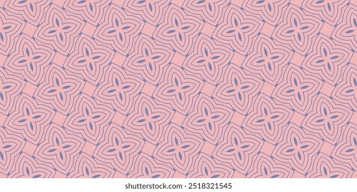 Elegant vector seamless pattern. Stylish pink and blue geometric floral ornament. Simple background with outline flowers, leaves, petals, curved lines. Abstract geo texture. Modern repeated design