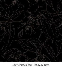 
Elegant vector seamless pattern with Sweet Mock-orange flowers and leaves linear drawing on black background.