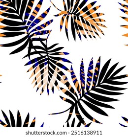 Elegant vector seamless pattern with tropical leaves silhouettes on white background. Perfect for fashion apparel fabric, trendy package, bedding, wallpaper, accessories, outerwear, cloth textile.