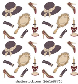 Elegant vector seamless pattern with vintage women’s accessories including hats, gloves, mirrors, shoes, and candles. Perfect for textile design, wrapping paper, and decor.