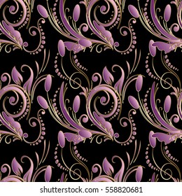 Elegant vector seamless pattern wallpaper illustration with vintage decorative abstract  pink 3d flowers,curl swirl leaves, antique damask ornaments.Endless luxury fabric texture. Black  background.