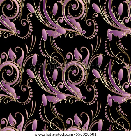 Elegant vector seamless pattern wallpaper illustration with vintage decorative abstract  pink 3d flowers,curl swirl leaves, antique damask ornaments.Endless luxury fabric texture. Black  background.