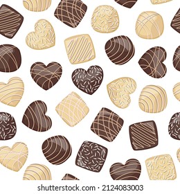 Elegant vector seamless pattern. White and black chocolate sweets decorated with confectionery cream and coconut flakes.