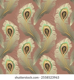 Elegant vector seamless white peacock feather design in muted mocha mousse, sage, and gradient gold tones. Neutral pastel brown background. Ideal for digital use in textiles, wallpapers, invitations