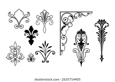 Elegant vector set of Baroque-style calligraphy ornaments on a white background. Perfect for vintage designs, invitations, logos, and decorative projects.
