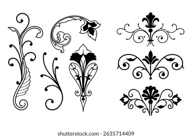 Elegant vector set of Baroque-style calligraphy ornaments on a white background. Perfect for vintage designs, invitations, logos, and decorative projects.
