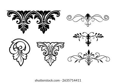 Elegant vector set of Baroque-style calligraphy ornaments on a white background. Perfect for vintage designs, invitations, logos, and decorative projects.
