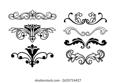 Elegant vector set of Baroque-style calligraphy ornaments on a white background. Perfect for vintage designs, invitations, logos, and decorative projects.
