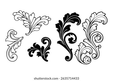 Elegant vector set of Baroque-style calligraphy ornaments on a white background. Perfect for vintage designs, invitations, logos, and decorative projects.
