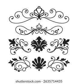 Elegant vector set of Baroque-style calligraphy ornaments on a white background. Perfect for vintage designs, invitations, logos, and decorative projects.
