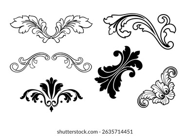 Elegant vector set of Baroque-style calligraphy ornaments on a white background. Perfect for vintage designs, invitations, logos, and decorative projects.
