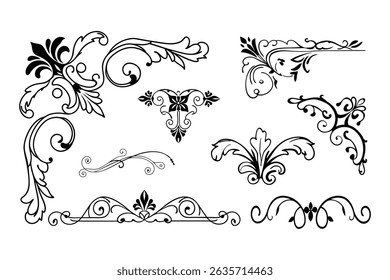 Elegant vector set of Baroque-style calligraphy ornaments on a white background. Perfect for vintage designs, invitations, logos, and decorative projects.
