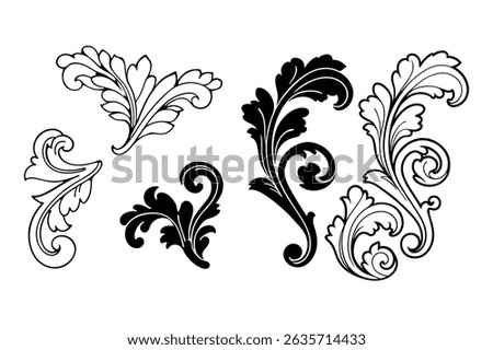 Elegant vector set of Baroque-style calligraphy ornaments on a white background. Perfect for vintage designs, invitations, logos, and decorative projects.
