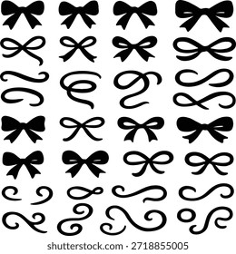 Elegante conjunto de Vector de arcos de silueta negra, cintas y adornos caligráficos florece remolinos. Elementos de diseño perfectos para regalos, invitaciones, bordes y decoración vintage.
