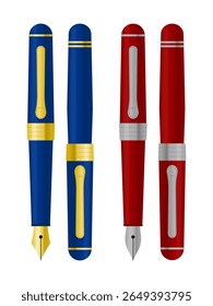 Vetor elegante conjunto de azul com ouro e vermelho com canetas-tinteiro de prata em vistas abertas e fechadas.