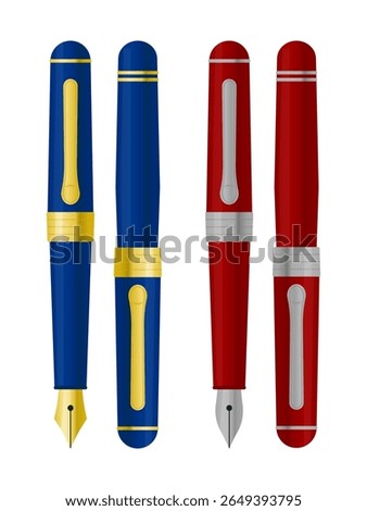 Elegant vector set of blue with gold and red with silver fountain pens in open and closed views.
